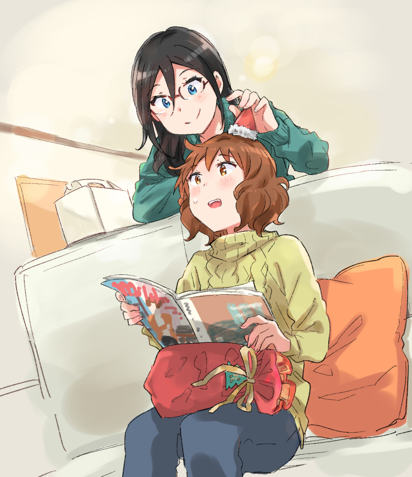 2girls amano_shin black_hair blue_eyes bow brown_hair christmas_tree_print commentary couch gift glasses green_sweater hat hibike!_euphonium highres holding holding_magazine long_hair magazine_(object) mini_hat mini_santa_hat multiple_girls on_couch oumae_kumiko pillow putting_on_headwear reading santa_hat smile sweatdrop sweater tanaka_asuka