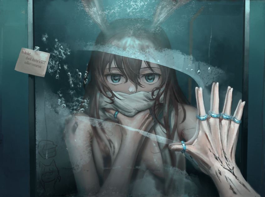 1girl after_bathing amiya_(arknights) animal_ears arknights blue_eyes breasts brown_hair english_text highres jewelry large_breasts long_hair looking_at_mirror mirror reflection ring solo twckb wet wiping