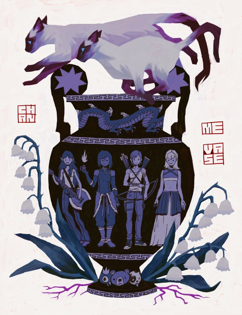 adventure_time artist_name avatar_legends bow_(weapon) cat chan_(flesh.png) character_request commentary copyright_request dragon english_commentary english_text fire flower full_body guitar highres holding holding_guitar holding_instrument instrument korra logo looking_at_viewer marceline_abadeer multiple_girls pants plant pointy_ears pyrokinesis short_hair simple_background skirt smile standing the_legend_of_korra vase weapon white_background white_flower