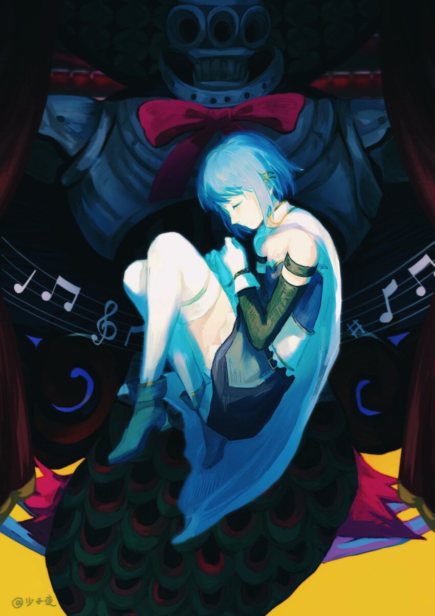 1girl armor blue_hair bow cape closed_eyes commentary_request detached_collar detached_sleeves fetal_position fortissimo gloves hair_ornament hairclip highres long_hair magical_girl mahou_shoujo_madoka_magica mahou_shoujo_madoka_magica_(anime) medium_hair mermaid miki_sayaka miki_sayaka_(magical_girl) monster_girl musical_note musical_note_hair_ornament oktavia_von_seckendorff red_bow red_ribbon ribbon shao_ziye short_hair thighhighs thighs white_cape white_gloves white_thighhighs witch_(madoka_magica)