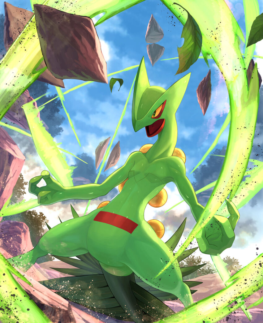 arm_blade blurry blurry_background colored_sclera colored_skin commentary cutting debris forest full_body gen_3_pokemon green_skin green_tail highres karamimame leaf nature nintendo open_mouth outdoors pokemon pokemon_(creature) sceptile slashing solo weapon yellow_sclera