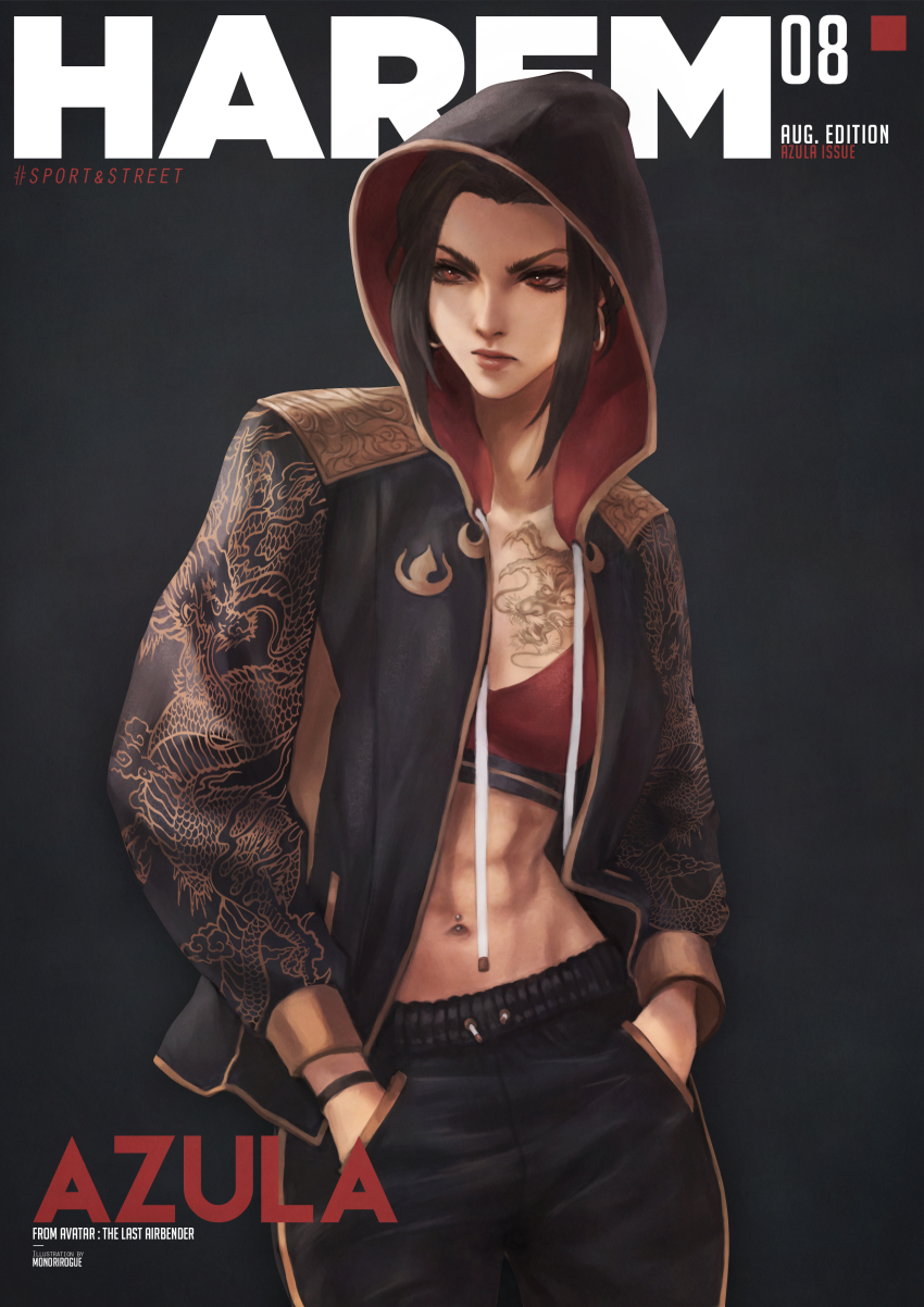 1girl abs absurdres artist_name august avatar:_the_last_airbender avatar_legends azula black_hair breasts character_name commentary dragon_print earrings english_commentary hands_in_pockets highres hoop_earrings jewelry long_hair monori_rogue navel_piercing piercing solo