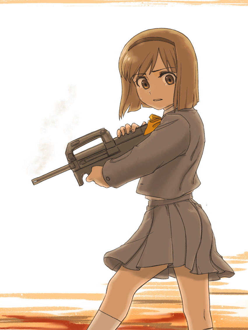 1girl bob_cut bow bowtie brown_eyes brown_hair bullpup commentary crying dated_commentary extended_barrel from_side grey_jacket grey_skirt gun gunslinger_girl hairband henrietta_(gunslinger_girl) highres holding holding_gun holding_weapon jacket kageng orange_bow orange_bowtie p90 personal_defense_weapon pleated_skirt school_uniform short_hair simple_background skirt socks solo streaming_tears submachine_gun tears weapon white_socks