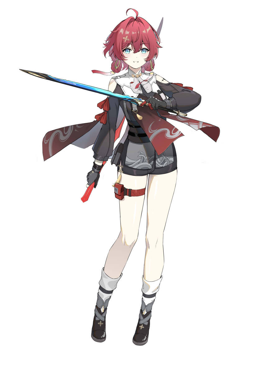 1girl absurdres ahoge asymmetrical_dual_wielding bare_legs black_footwear black_shorts blue_eyes blush body_markings braid chinese_commentary clothing_cutout cloud_print commentary danjin_(wuthering_waves) dual_wielding earrings folded_braid full_body gold_earrings hair_between_eyes hair_intakes highres holding holding_sword holding_weapon hoop_earrings jewelry looking_at_viewer mocha_wei_jiemo ofuda_earrings pouch print_tabard red_hair red_tabard shorts shoulder_cutout smile solo straight-on sword tabard tacet_mark_(wuthering_waves) tachi-e tassel thigh_pouch thigh_strap twin_braids wave_print weapon wuthering_waves