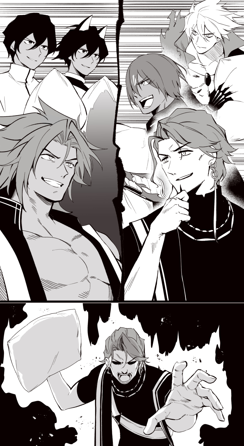 6+boys absurdres arjuna_(fate) arjuna_alter_(fate) ashwatthama_(fate) aura bhima_(fate) commentary dark-skinned_male dark_skin duryodhana_(fate) fate/apocrypha fate/grand_order fate_(series) fighting_stance highres hirunagi holding holding_pillow karna_(fate) motion_lines multiple_boys open_mouth pillow shaded_face speed_lines