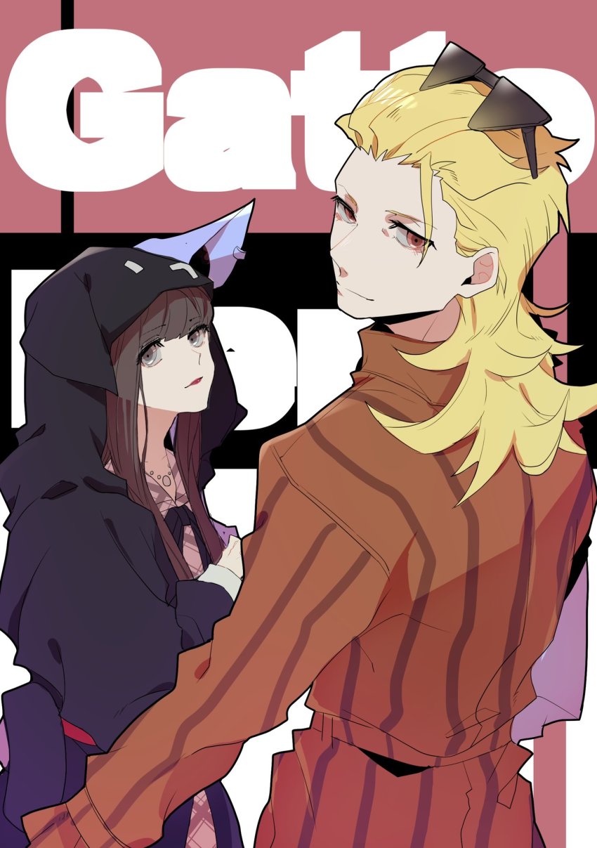 1boy 1girl animal_ears animal_hood black_hair black_ribbon blonde_hair brown_jacket cat_hood closed_mouth dress ear_piercing english_text eyebrows_hidden_by_hair fake_animal_ears from_behind grey_dress grey_eyes highres hime_cut hood jacket lips lipstick long_hair looking_back makeup piercing plaid_clothes plaid_dress red_eyes ribbon sailor_collar sailor_dress sakurane_shoka shiba_(ntwewy) shin_subarashiki_kono_sekai smile subarashiki_kono_sekai sunglasses_on_head upper_body