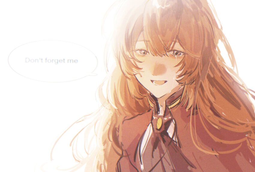 1girl ascot brown_ascot brown_capelet brown_eyes brown_hair capelet catherine_(project_moon) crying highres limbus_company ling_zhiyun long_hair open_mouth project_moon sidelocks simple_background smile solo upper_body white_background