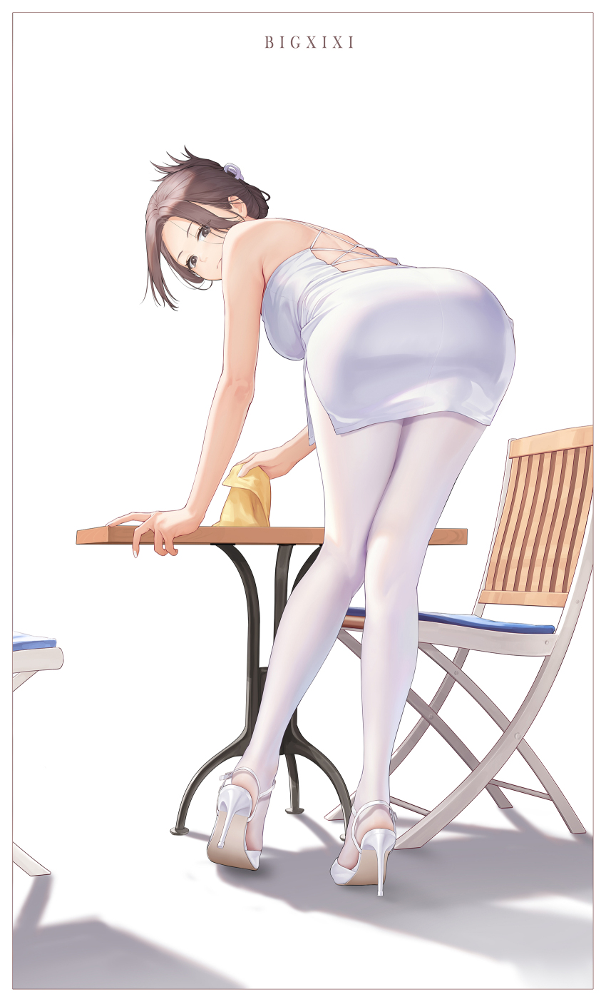 1girl absurdres ass back bare_shoulders bent_over bigxixi black_eyes black_hair breasts chair hair_ornament hairclip high_heels highres looking_at_viewer medium_breasts original paid_reward_available pantyhose solo table variant_set white_footwear white_pantyhose