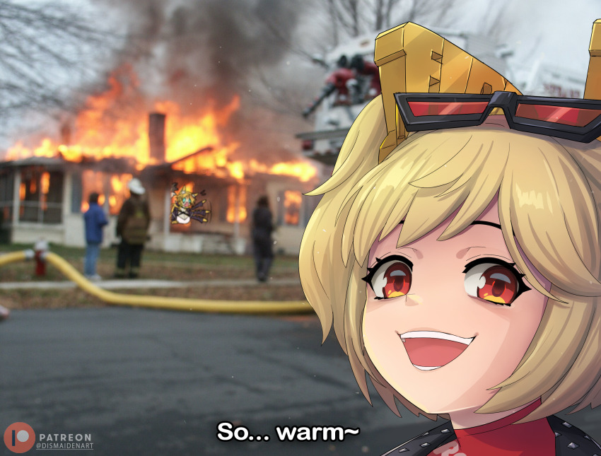 2girls 3others artist_name blonde_hair burnice_white burning burning_building cheetah_ears cheetah_girl cheetah_tail commentary disaster_girl_(meme) dismaiden english_commentary english_text eyewear_on_head fire fire_hydrant fire_truck firefighter highres house looking_at_viewer meme motor_vehicle multiple_girls multiple_others open_mouth patreon_logo patreon_username photo_background pulchra_fellini red-tinted_eyewear red_eyes subtitled teeth tinted_eyewear truck yellow_fur zenless_zone_zero