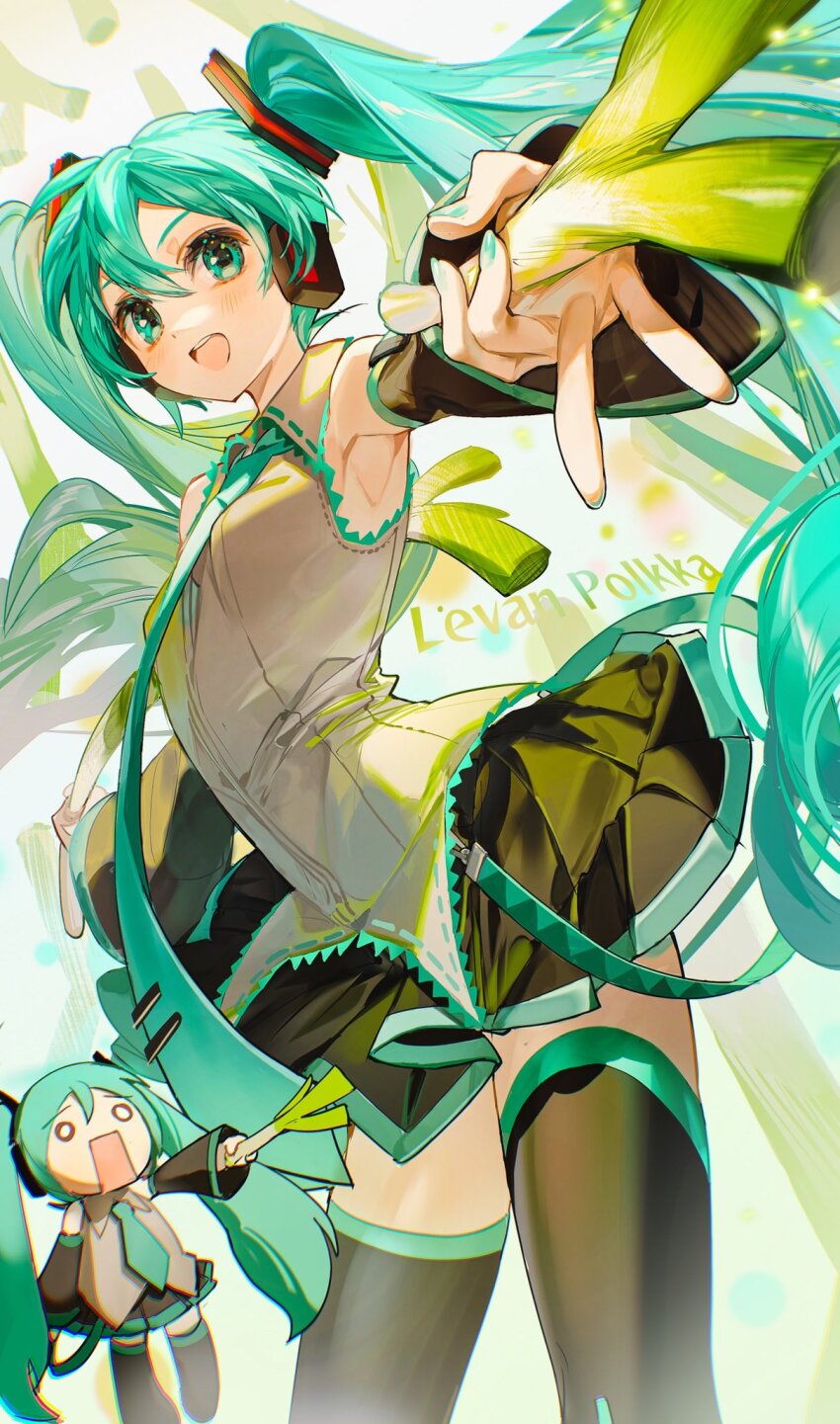1girl absurdly_long_hair black_skirt black_sleeves black_thighhighs blush breasts commentary detached_sleeves fingernails food green_eyes green_nails green_necktie hachune_miku hair_between_eyes hatsune_miku headphones highres holding holding_food holding_spring_onion holding_vegetable ievan_polkka_(vocaloid) long_hair looking_at_viewer medium_breasts necktie open_mouth outdoors rumoon shirt sidelocks skirt smile solo song_name spring_onion standing thighhighs twintails vegetable very_long_hair vocaloid white_shirt