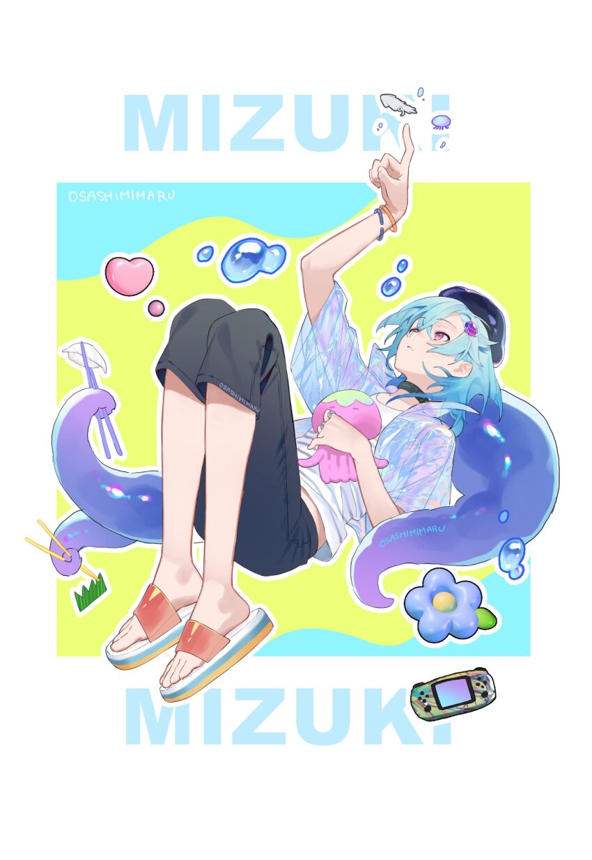 1boy arknights artist_name beret black_pants blue_background blue_flower blue_hair blue_hat blue_shirt border bubble character_name chopsticks controller dumpling flower food game_controller gamepad hand_up hat heart highres holding holding_chopsticks jiaozi knees_up lying male_focus mizuki_(arknights) mizuki_(summer_feast)_(arknights) on_back outline pants pink_eyes sandals see-through_clothes see-through_shirt shirt short_hair simple_background solo tentacles white_background white_shirt wosashimi yellow_background