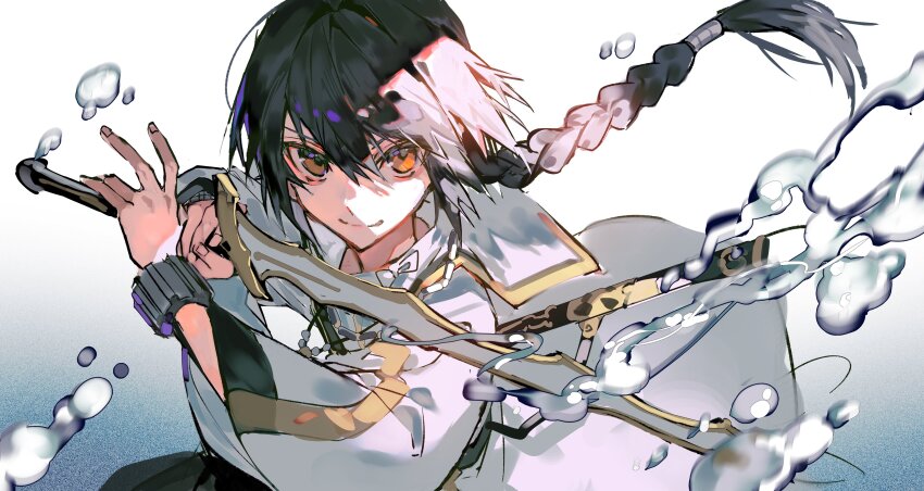 1other absurdres amenomurakumo-no-tsurugi_(fate) androgynous black_hair braid fate/samurai_remnant fate_(series) hair_intakes highres holding holding_sword holding_weapon japanese_clothes jewelry long_braid long_sleeves looking_at_viewer mura_karuki necklace sidelocks simple_background single_braid solo sword waraji water weapon white_background yamato_takeru_(fate) yellow_eyes