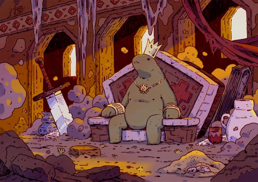 1other creature crown curtains dirt fantasy huge_weapon jewelry king migamigami necklace open_window original planted planted_sword planted_weapon pottery rock sitting sitting_on_throne sun_necklace sword throne torn_curtains weapon window