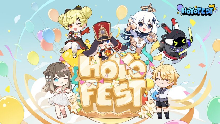 &gt;_&lt; 1boy 2others 3girls :d ;d ai-chan_(honkai_impact) animal_ears balloon bangboo_(zenless_zone_zero) black_dress black_eyes black_jacket black_necktie black_shorts black_socks blonde_hair blue_eyes brown_hair closed_mouth collared_shirt commentary company_connection confetti crossover davis_(tears_of_themis) double_bun dress elbow_gloves english_commentary folder full_body genshin_impact gloves green_hair grey_vest hair_bun hair_ornament halo holding holding_folder holding_microphone honkai:_star_rail honkai_(series) honkai_impact_3rd jacket long_hair long_sleeves looking_at_viewer microphone mihoyo multiple_girls multiple_others necktie official_art one_eye_closed open_mouth orange_gloves paimon_(genshin_impact) pantyhose partially_fingerless_gloves pom-pom_(honkai:_star_rail) shirt short_hair shorts smile socks tears_of_themis vest white_dress white_hair white_pantyhose white_shirt zenless_zone_zero