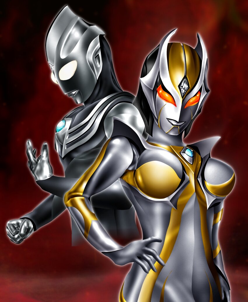1boy 1girl alien armor black_skin breastplate breasts camearra clenched_hand color_timer colored_skin commentary compound_eyes cropped_torso crystal dark_persona dorsal_fin facial_mark forehead_jewel glowing glowing_eyes gold_skin grey_skin hand_on_own_hip hand_up hanejidyna86 head_down hetero highres horns looking_down medium_breasts multicolored_skin open_hand orange_eyes pectorals red_background shoulder_armor silver_skin standing tokusatsu tsurime ultra_series ultraman_tiga ultraman_tiga:_the_final_odyssey ultraman_tiga_(series) ultraman_tiga_(tiga_dark) upper_body white_eyes wrinkled_skin