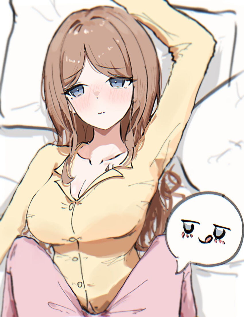 2girls bang_dream! bang_dream!_it&#039;s_mygo!!!!! blush breasts brown_hair chihaya_anon cleavage closed_mouth commentary_request female_pov highres large_breasts long_hair multiple_girls nagasaki_soyo opuricheri pajamas pants pillow pink_hair pink_pants pov shirt spoken_expression straddling yellow_shirt yuri