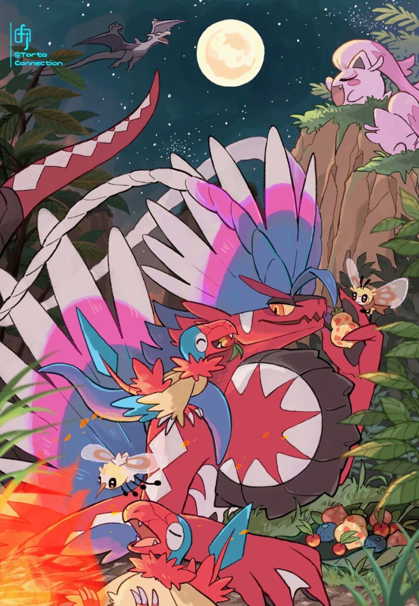 :d ^_^ aerodactyl animal animal_on_shoulder archen artist_name berry_(pokemon) bird bird_on_shoulder blush blush_stickers brown_eyes chikafuji cliff closed_eyes colored_sclera commentary_request cutiefly fangs fire flying food fruit full_moon gen_1_pokemon gen_5_pokemon gen_7_pokemon grass highres holding holding_food holding_fruit koraidon leaf leppa_berry looking_at_another moon night night_sky nintendo no_humans on_shoulder open_mouth oran_berry outdoors pecha_berry plant pokemon pokemon_(creature) pokemon_on_shoulder red_eyes ribombee scream_tail sideways_glance sitrus_berry sitting sky sleeping sleeping_upright smile star_(sky) starry_sky twitter_username watermark yellow_sclera