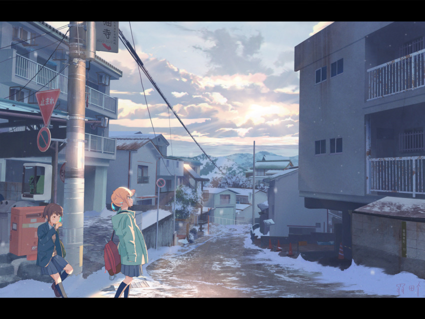 2girls backpack bag black_socks blazer blonde_hair blue_hair blue_jacket blue_skirt brown_hair brown_shoes building cloud cloudy_sky coat colored_inner_hair commentary_request eating green_coat highres house jacket kneehighs letterboxed loafers multicolored_hair multiple_girls original payphone phone pleated_skirt ponytail postbox_(outgoing_mail) power_lines red_bag road_sign rust school_uniform shoes short_hair short_ponytail sign skirt sky sleeves_past_wrists snow socks standing sun town traffic_cone trash_can utility_pole winter_clothes yuki_no_city