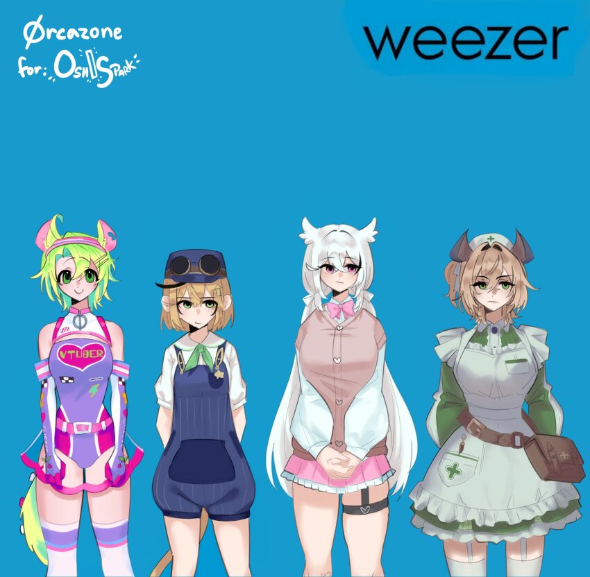 0rcazone 4girls animal_ears arms_behind_back ashton_marten_(vtuber) bag blonde_hair blue_background blue_hat bow bowtie brown_hair closed_mouth commentary dooby_(vtuber) dress elbow_gloves english_commentary feet_out_of_frame frills frown gloves goggles goggles_on_headwear green_dress green_eyes green_hair green_necktie hair_ornament hairband hairclip hat highres hyuni_(character) indie_virtual_youtuber leotard long_sleeves multiple_girls necktie nimi_nightmare nurse_cap overall_shorts overalls pink_bow pink_bowtie pink_eyes pink_hairband pink_skirt purple_leotard see-through_clothes see-through_skirt shirt short_sleeves signature simple_background skirt smile standing tail thighhighs virtual_youtuber weezer_(band) weezer_(blue_album) white_hair white_shirt