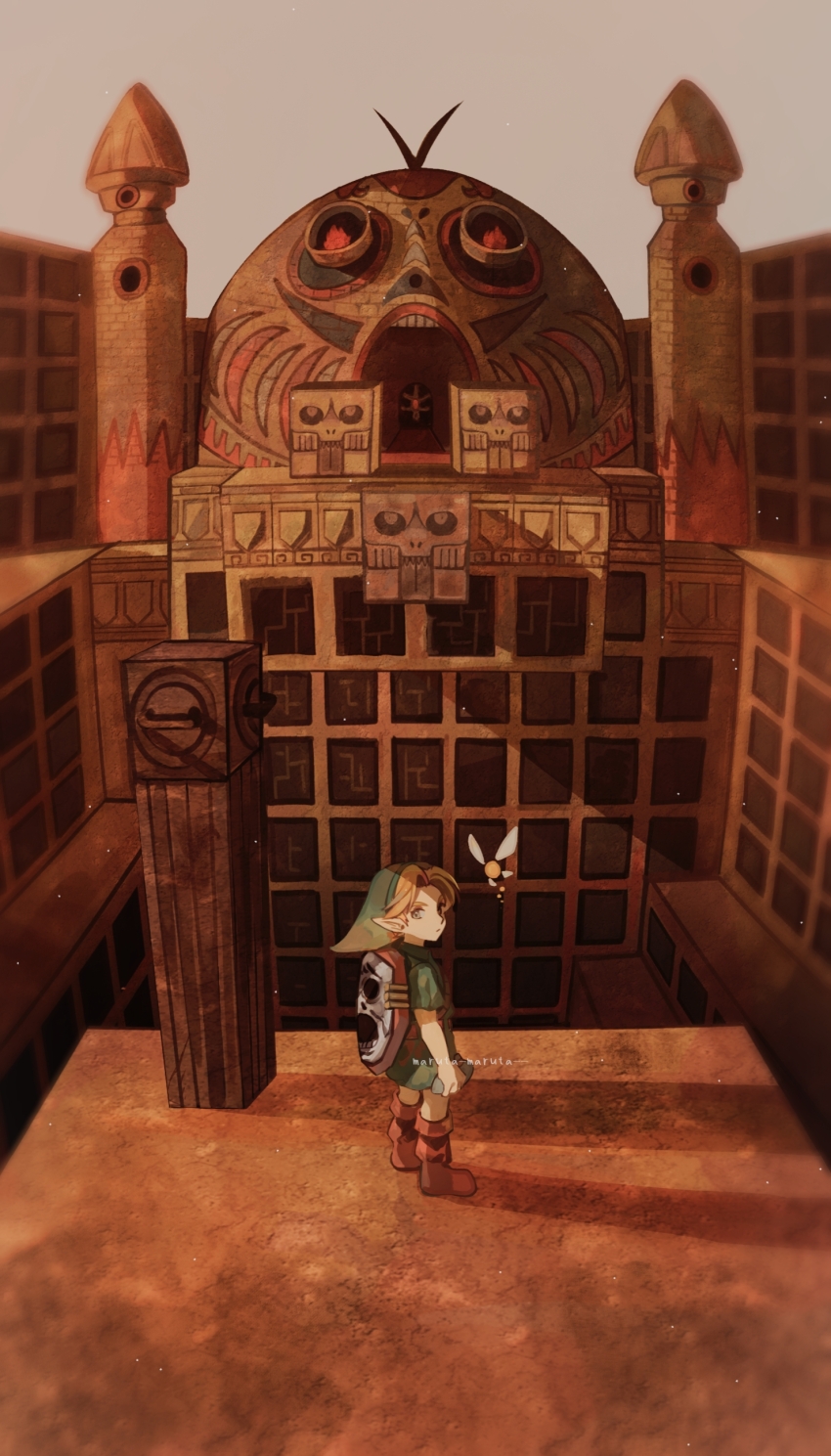 1boy absurdres artist_name blonde_hair boots brown_boots building commentary_request fairy floating from_above full_body green_tunic highres link looking_at_viewer looking_back maruta_maruta nintendo outdoors shadow solo standing stone_tower_temple_(majora&#039;s_mask) tatl temple the_legend_of_zelda the_legend_of_zelda:_majora&#039;s_mask tunic twitter_username