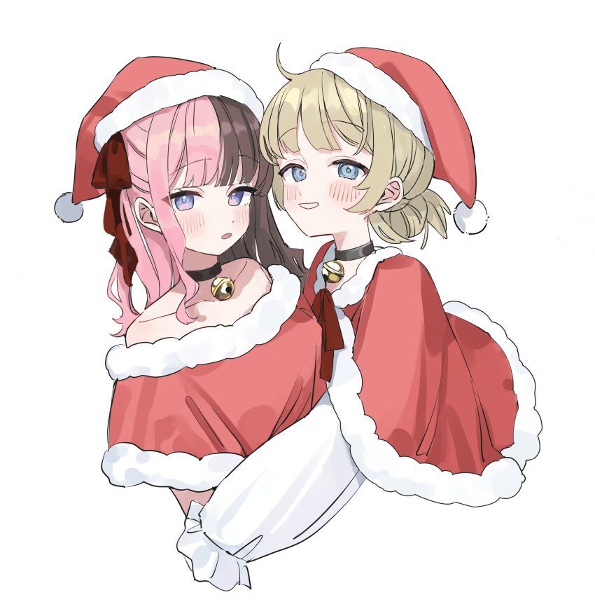 2girls absurdres alternate_costume bare_shoulders bell blue_eyes blunt_bangs blush brown_hair capelet cattleya_regina_games collarbone cropped_torso fur-trimmed_capelet fur-trimmed_headwear fur_trim green_eyes half_updo hanabusa_lisa hanada_ten hat highres hug iris_black_games long_sleeves looking_at_viewer multicolored_hair multiple_girls neck_bell off_shoulder parted_lips pink_hair red_capelet santa_costume santa_hat simple_background split-color_hair tachibana_hinano two-tone_hair updo virtual_youtuber vspo! white_background
