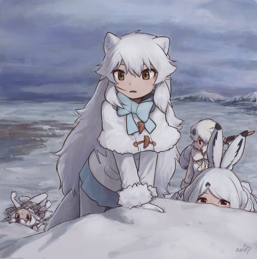 4girls animal_ears arctic_fox_(kemono_friends) arctic_hare_(kemono_friends) arctic_wolf_(kemono_friends) bear_ears bear_girl black_hair blue_bow blue_bowtie blue_skirt blush bow bowtie brown_eyes capelet coat elbow_gloves extra_ears fox_ears fox_girl fox_tail fur_collar fur_trim gloves grey_hair grey_skirt hair_between_eyes highres kemono_friends long_hair long_sleeves lying mountainous_horizon multicolored_hair multiple_girls on_back open_mouth orange_eyes pantyhose paw_stick plaid_clothes plaid_skirt plaid_trim pleated_skirt polar_bear_(kemono_friends) rabbit_ears rabbit_girl rabbit_tail rumenia_(ao2is) short_hair short_sleeves sidelocks skirt snow tail two-tone_hair white_bow white_bowtie white_capelet white_coat white_fur white_gloves white_hair white_pantyhose winter_clothes winter_coat wolf_ears wolf_girl wolf_tail