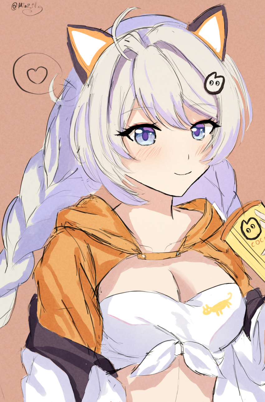 absurdres animal_ear_hairband animal_ears blue_eyes braid breasts bubble_tea cat_ear_hairband cat_ears cleavage commentary cup disposable_cup fake_animal_ears hairband highres holding holding_cup honkai_(series) honkai_impact_3rd kiana_kaslana kiana_kaslana_(coco) long_hair midriff mimiliaa official_alternate_costume orange_background orange_hood smile strapless tube_top twin_braids upper_body white_hair white_tube_top