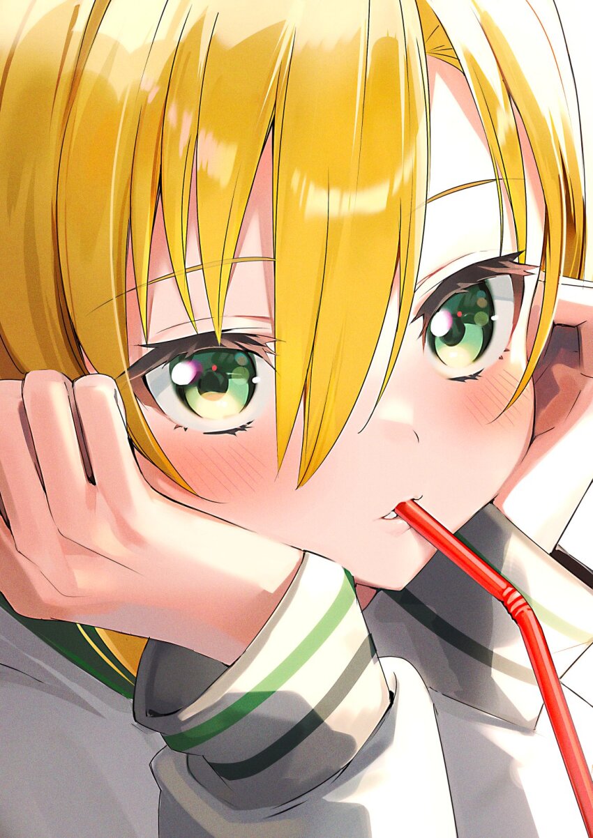 1boy blonde_hair blush close-up drinking_straw drinking_straw_in_mouth eyelashes fuubuu green_eyes grey_jacket hair_between_eyes hands_on_own_cheeks hands_on_own_face highres jacket light_smile looking_at_viewer male_focus nijisanji parted_lips short_hair sleeves_past_wrists solo upper_body uzuki_kou virtual_youtuber