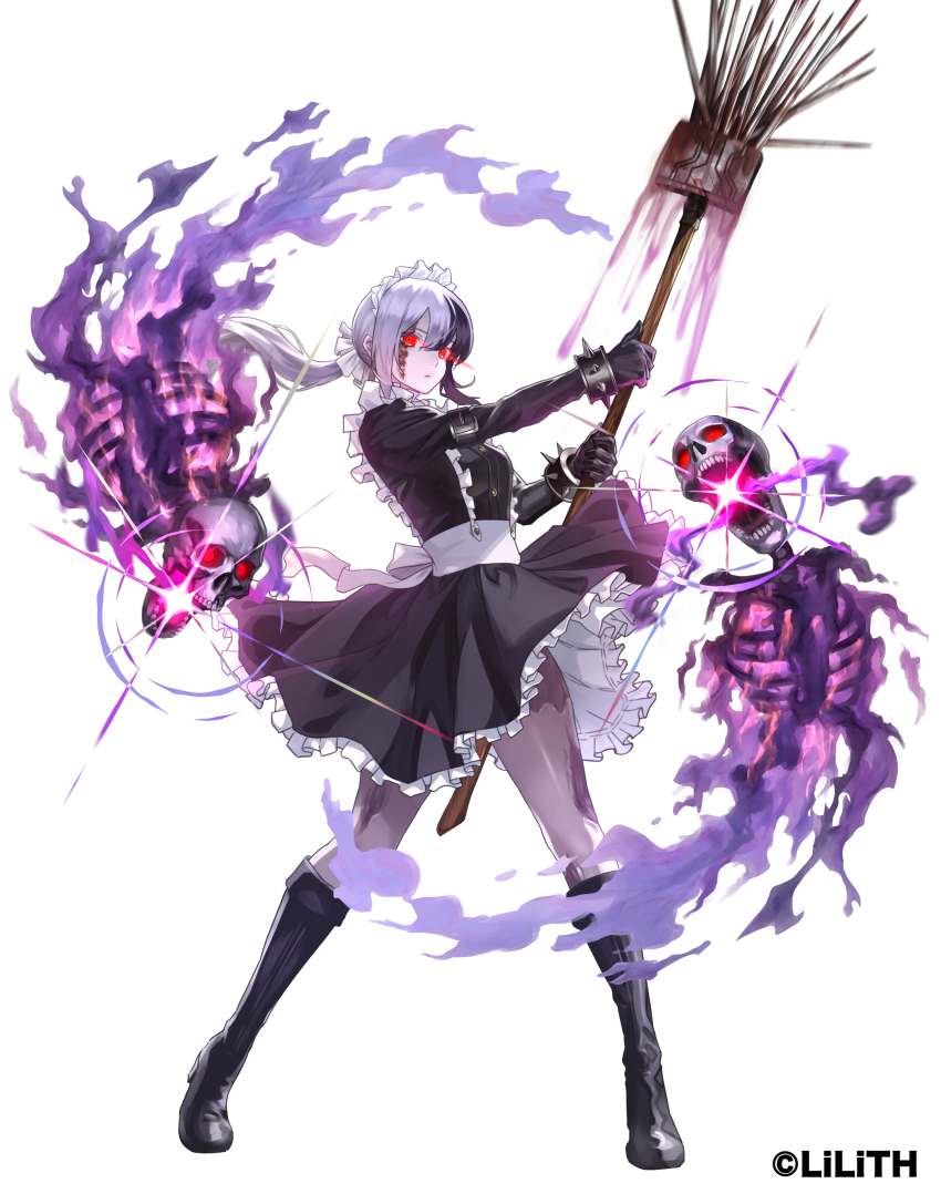 1girl absurdres almeria_(taimanin_series) black_boots black_gloves black_hair boots breasts broom copyright_notice cuffs exposed_muscle full_body ghost gloves hanekura_bou highres holding looking_at_viewer maid maid_headdress multicolored_hair official_art ponytail red_eyes scar scar_on_face skeleton solo spikes standing taimanin_(series) taimanin_rpgx two-tone_hair white_background white_hair zombie