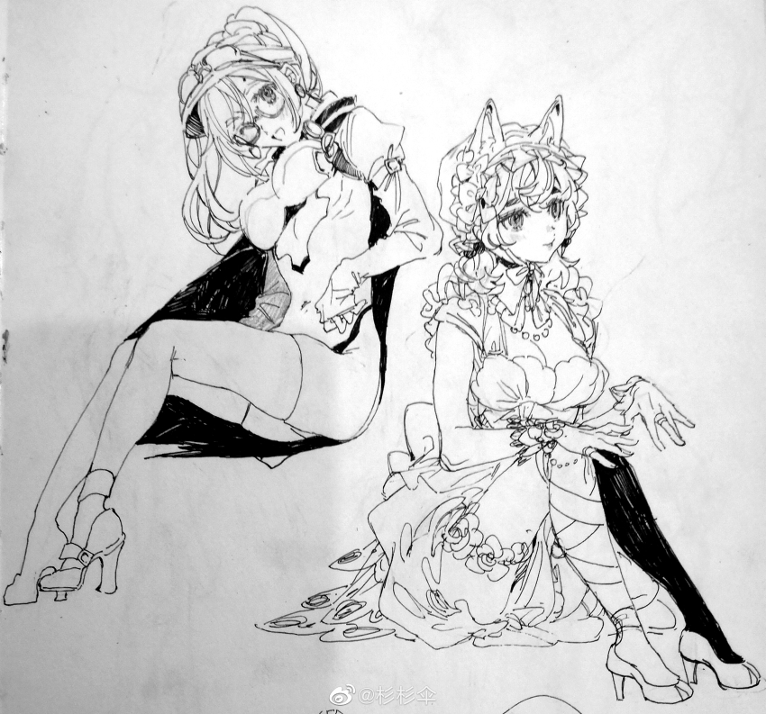 2girls animal_ear_fluff animal_ears arm_belt back_bow beads belt_buckle bow bowtie breasts bubble_skirt buckle cape cat_ears cleavage covered_navel dress frilled_headwear frilled_sleeves frilled_thigh_strap frills full_body glasses goggles goggles_on_headwear greyscale hair_bow hair_through_headwear happy hat head_tilt high_heels highres invisible_chair juliet_sleeves kamu_(poulro) large_breasts leg_ribbon light_blush long_hair long_sleeves looking_ahead looking_at_viewer low_twintails mob_cap monochrome multiple_girls multiple_hair_bows one_eye_closed original photo_(medium) puffy_sleeves ribbon romper shoe_belt short_dress short_sleeves single_thighhigh sitting skirt sleeves_past_wrists slit_pupils swept_bangs thigh_strap thighhighs torn_cape torn_clothes traditional_media twintails very_long_hair watermark wavy_hair weibo_watermark