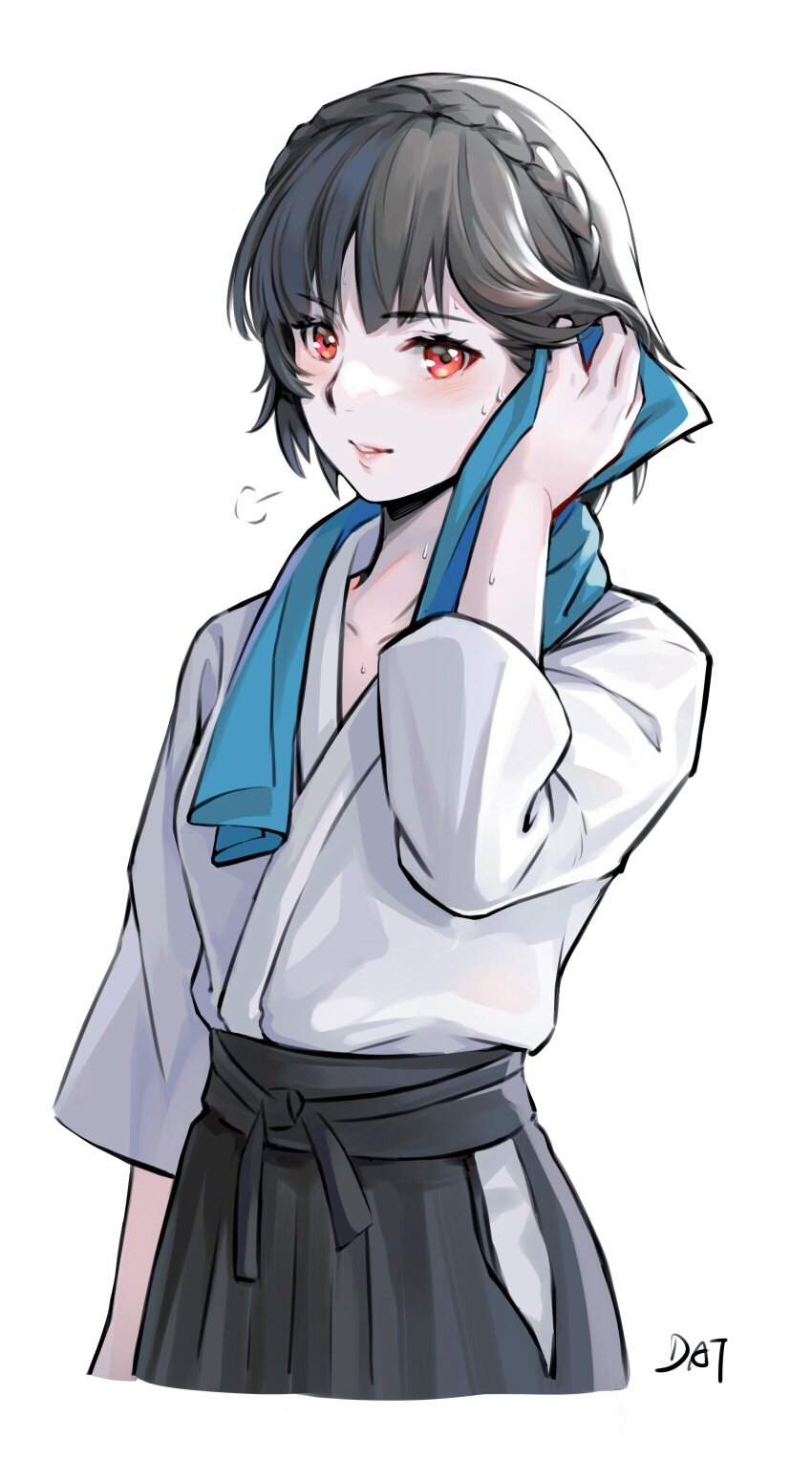 1girl absurdres black_hair blush braid breath crown_braid da-cart dougi eyelashes hakama highres japanese_clothes looking_at_viewer niijima_makoto persona persona_5 red_eyes short_hair simple_background solo sweat tagme towel towel_around_neck white_background wiping_sweat