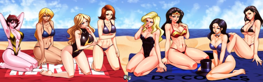 6+girls adapted_costume animification armpits artist_logo avengers_(series) beach bikini black_bikini black_canary black_hair black_hat black_one-piece_swimsuit black_widow blonde_hair blue_bikini blue_eyes blue_one-piece_swimsuit breasts carol_danvers cleavage covered_collarbone crossover day dc_comics earrings full_body halterneck harem hat head_rest highres huntress_(dc) jadenkaiba jewelry justice_league large_breasts lips lipstick logo long_hair looking_at_viewer magician makeup marvel mockingbird_(marvel) ms._marvel ms_marvel multiple_girls ocean one-piece_swimsuit outdoors purple_hair red_bikini red_hair short_hair sitting skin_tight slingshot_swimsuit smile strapless strapless_one-piece_swimsuit string_bikini striped superhero_costume swimsuit the_avengers:_earth&#039;s_mightiest_heroes! thighs toned toned_female top_hat towel unworn_hat unworn_headwear wasp_(marvel) wavy_hair wonder_woman yellow_one-piece_swimsuit yellow_slingshot_swimsuit zatanna_zatara