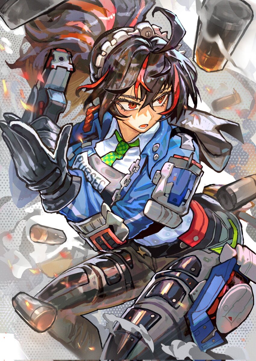 1girl black_gloves black_hair black_pants blue_jacket breasts checkered_necktie commentary gloves grey_background gun high-waist_pants highres holding holding_gun holding_weapon jacket large_breasts looking_to_the_side metal_hairband multicolored_hair necktie open_mouth pants police police_uniform policewoman ponytail red_hair reomenka shell_casing solo streaked_hair weapon zenless_zone_zero zhu_yuan