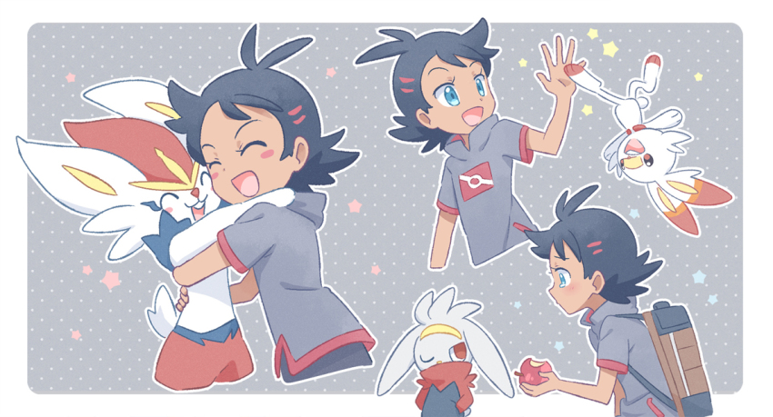 1boy :d akasaka_(qv92612) antenna_hair apple backpack bag black_hair black_pants blue_eyes blush_stickers brown_bag cinderace closed_eyes commentary_request creatures_(company) eyelashes food fruit game_freak gen_8_pokemon goh_(pokemon) grey_shirt holding holding_food holding_fruit hug male_focus nintendo open_mouth pants pokemon pokemon_(anime) pokemon_(creature) pokemon_journeys raboot red_eyes scorbunny shirt short_hair short_sleeves smile star_(symbol) tongue