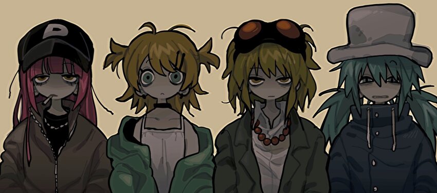 4girls aqua_hair bags_under_eyes baseball_cap bead_necklace beads black_hat black_shirt blonde_hair camisole choker cigarette closed_mouth collared_shirt donut_hole_(vocaloid) drawstring goggles goggles_on_head green_hair gumi hair_between_eyes hair_ornament hairclip hat hatsune_miku highres jacket jewelry kagamine_rin long_hair looking_at_viewer megurine_luka mouth_hold multiple_girls necklace off_shoulder open_clothes open_jacket pink_hair shirt simple_background tonkatsu184 twintails two_side_up upper_body vocaloid white_camisole white_hat white_shirt