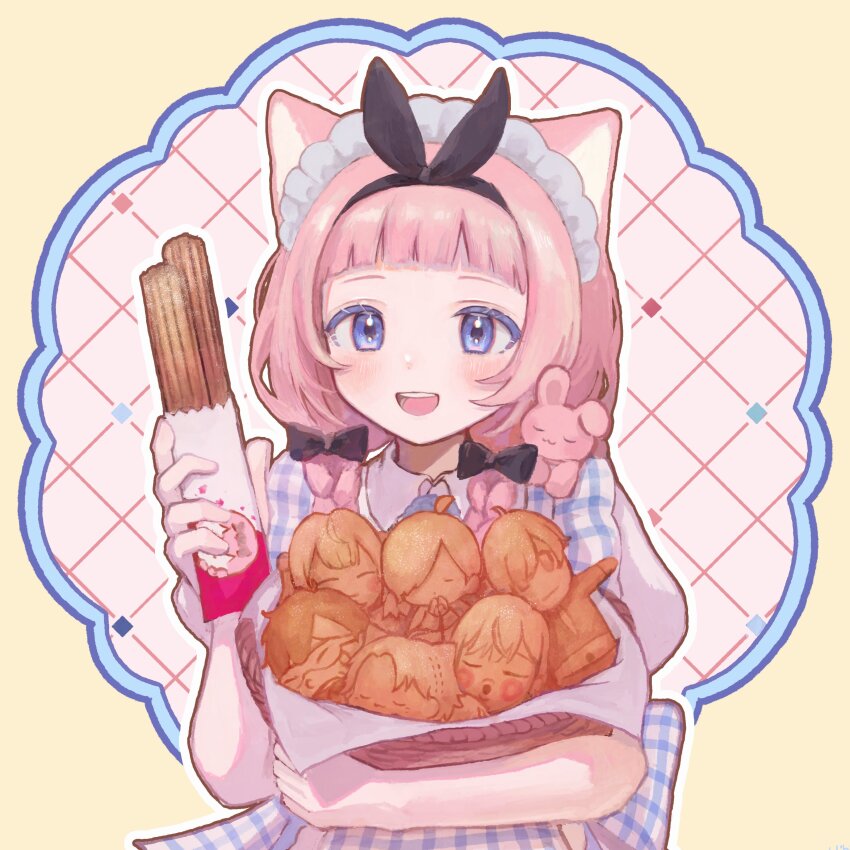 1girl :d absurdres animal_ears apron basket black_bow black_hairband blue_apron blue_eyes blunt_bangs blush bow bow_hairband braid bread character-themed_food churro collared_shirt commentary_request food gingham_apron grid_background hair_over_shoulder hairband hand_up hidoro_rara highres higuchi_kaede holding holding_basket holding_churro holding_food hoshikawa_sara kanae_(nijisanji) kemonomimi_mode leos_vincent long_hair looking_at_viewer low_twin_braids maid_headdress nanajigen_seitokai_(nijisanji) nijisanji open_mouth outline pink_background pink_hair puffy_short_sleeves puffy_sleeves ryuushen saegusa_akina shirt short_sleeves smile solo straight-on suo_sango teeth twin_braids upper_body upper_teeth_only virtual_youtuber white_headdress white_outline white_shirt yellow_background
