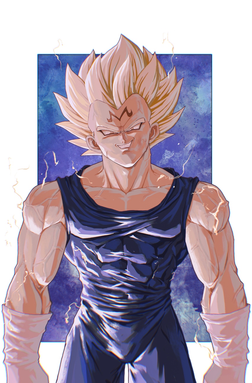 1boy abs absurdres blonde_hair blue_background blue_pants blue_vest chinese_commentary collarbone commentary_request cowboy_shot dragon_ball dragonball_z electricity gloves grey_eyes highres majin_vegeta male_focus medium_hair muscular muscular_male nose outside_border pants pectoral_cleavage pectorals saiyan shank sleeveless smirk solo sparks spiked_hair super_saiyan super_saiyan_2 teeth v-shaped_eyebrows vegeta vest white_gloves