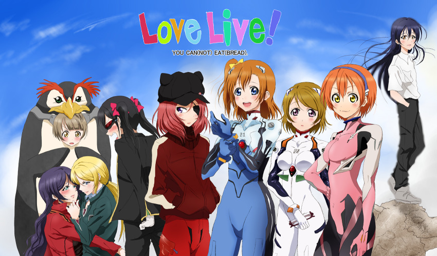 6+girls animal_ears animal_hat ayanami_rei ayanami_rei_(cosplay) ayase_eli blouse blue_sky blunt_bangs bodysuit bodysuit_under_clothes bracer breast_pocket breasts breasts_apart newsboy_cap collared_shirt copyright_name cosplay cowboy_shot crossdressing crossover day embarrassed english_text evangelion:_2.0_you_can_(not)_advance fake_animal_ears from_side hair_between_eyes half-closed_eyes hand_on_another&#039;s_chin hand_on_own_hip hat highres holding holding_removed_eyewear hoshizora_rin ikari_gendou ikari_gendou_(cosplay) ikari_shinji ikari_shinji_(cosplay) interface_headset_(evangelion) katsuragi_misato katsuragi_misato_(cosplay) koizumi_hanayo kosaka_honoka long_hair love_live! love_live!_school_idol_project low_ponytail makinami_mari_illustrious mecha_pilot_suit minami_kotori multiple_girls nagisa_kaworu nagisa_kaworu_(cosplay) neon_genesis_evangelion nishikino_maki outdoors parody penpen penpen_(cosplay) plugsuit_(evangelion) pocket ponytail raised_eyebrows rebuild_of_evangelion shirt shogo_(4274732) sky sonoda_umi souryuu_asuka_langley souryuu_asuka_langley_(cosplay) standing swept_bangs tojo_nozomi unworn_eyewear v-shaped_eyebrows very_long_hair wavy_hair white_shirt wide-eyed yazawa_nico