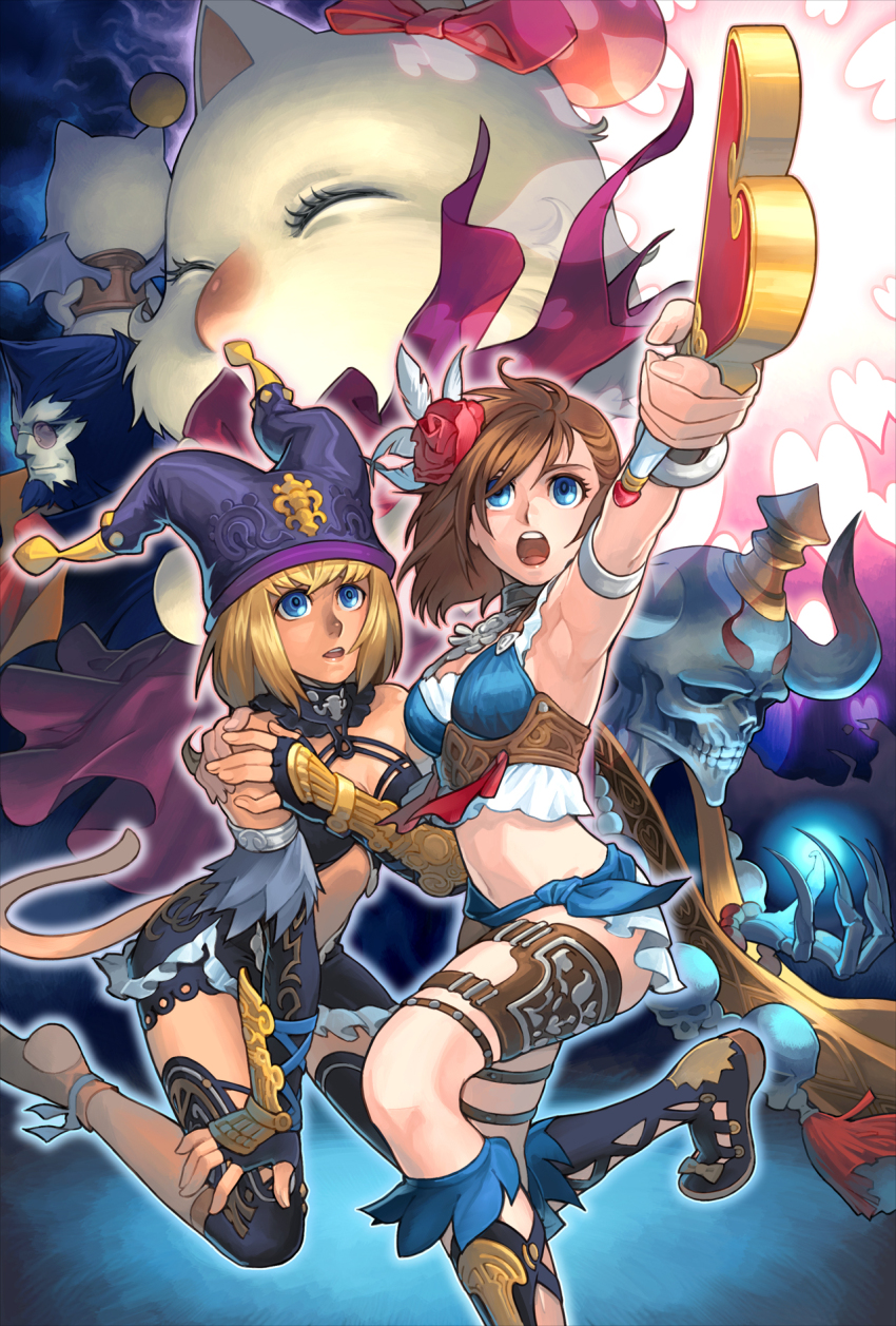 1boy 2girls beard black_gloves black_hair blonde_hair blue_eyes breasts brown_hair cleavage commentary elbow_gloves facial_hair feather_hair_ornament feathers final_fantasy final_fantasy_xi fingerless_gloves flower galka gloves hair_flower hair_ornament hand_on_another&#039;s_shoulder hat heart heart_wand highres holding holding_wand hume jester_cap long_hair medium_breasts minagawa_fumio mithra_(ff11) moogle multiple_girls mumor navel official_art open_mouth purple_hat red_flower round_eyewear second-party_source short_hair skull teeth uka_totlihn upper_teeth_only wand