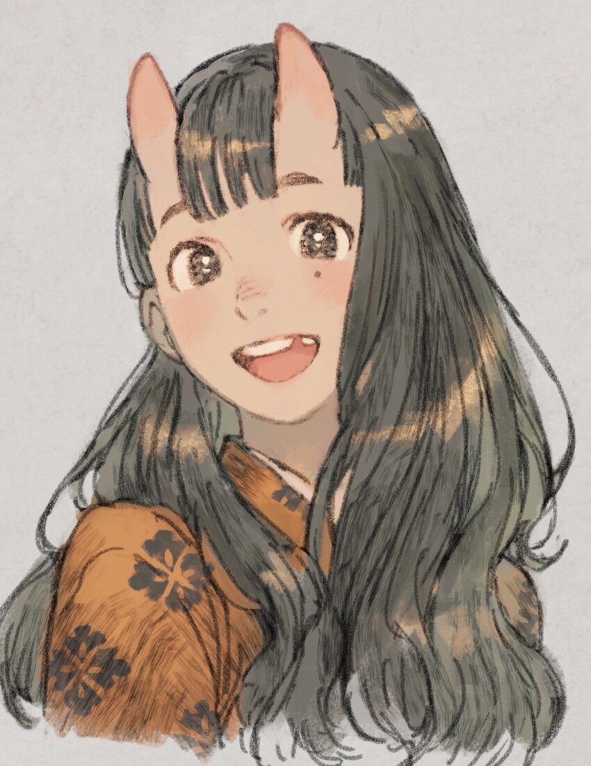 1girl black_eyes black_hair dungeon_meshi floral_print floral_print_kimono grey_background highres horns inutade japanese_clothes kimono looking_at_viewer maeka_(kumaekake) missing_tooth mole mole_under_eye oni open_mouth orange_kimono portrait print_kimono simple_background skin-covered_horns solo teeth upper_teeth_only