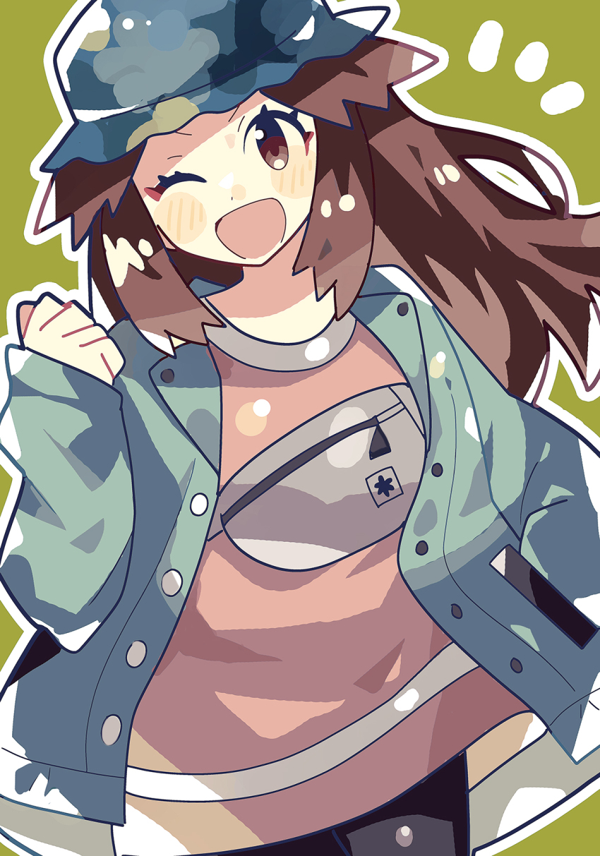1girl ;d anidler91 aqua_jacket blue_hat brown_eyes brown_hair clenched_hand green_background hand_up hat highres jacket leaf_(pokemon) leaf_(sygna_suit)_(pokemon) long_hair long_sleeves nintendo no_sclera one_eye_closed open_clothes open_jacket open_mouth outline pink_shirt pokemon pokemon_masters_ex shirt smile solo white_outline