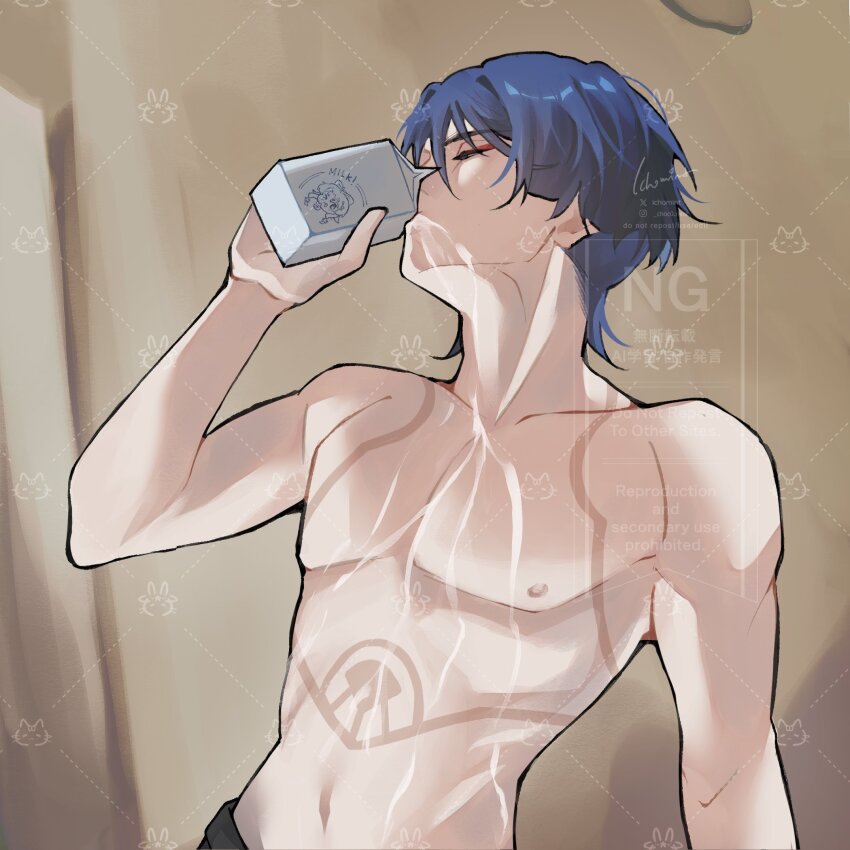 1boy arm_at_side bare_arms bare_shoulders blunt_ends body_markings closed_eyes drinking english_text eyeliner eyeshadow facing_up genshin_impact hand_up highres ichomint indoors makeup male_focus milk milk_carton navel nipples pectorals purple_hair red_eyeliner red_eyeshadow scaramouche_(genshin_impact) solo spilled_milk toned toned_male topless_male upper_body watermark watermark_grid