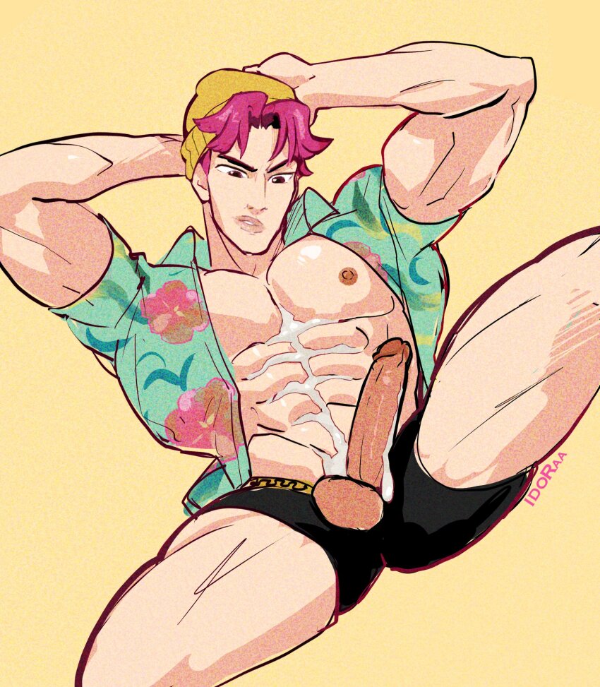 1boy abs aqua_shirt artist_name bara black_male_underwear character_request collared_shirt cum floral_print headwear_request highres idoraad kpop_demon_hunters male_focus male_underwear muscular muscular_male nipples open_clothes open_shirt pectorals pink_hair shirt solo teeth testicles underwear yellow_background