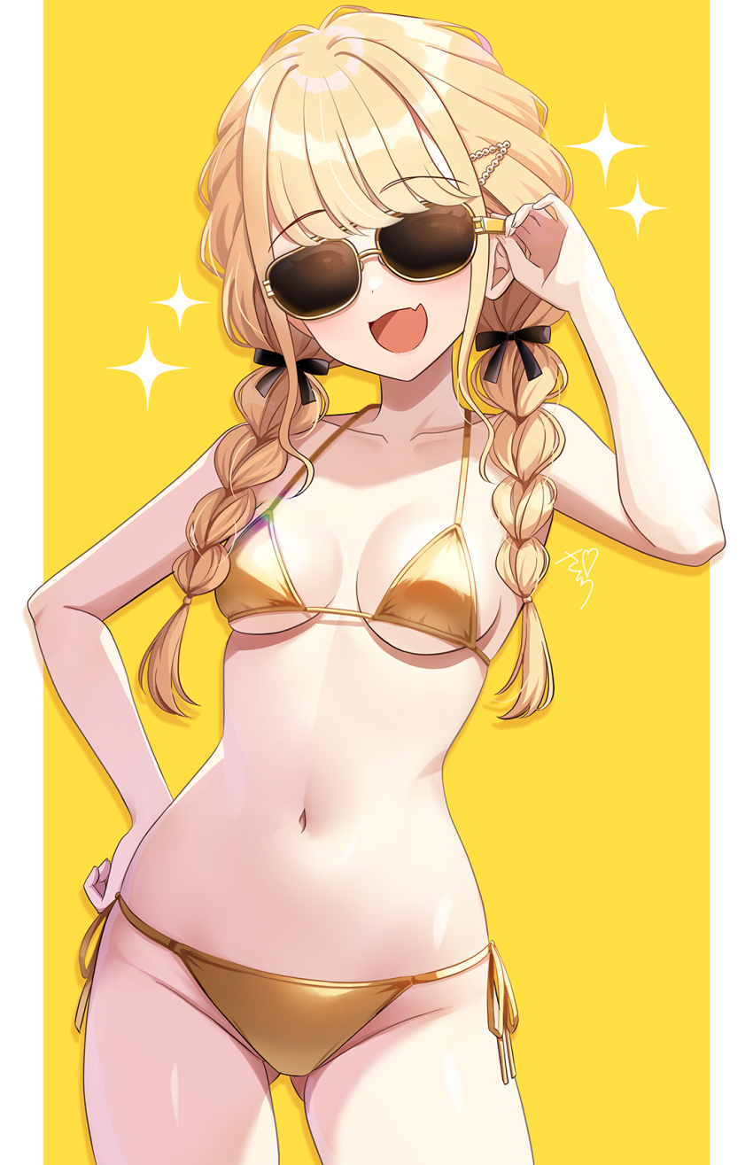 1girl alternate_costume bikini black_ribbon blonde_hair blush braid breasts commentary_request cowboy_shot facing_viewer fang fujita_kotone gakuen_idolmaster gluteal_fold gold_bikini groin hair_ribbon halterneck hand_on_own_hip highres idolmaster long_hair medium_breasts navel pillarboxed ribbon sakura_ran side-tie_bikini_bottom signature simple_background skin_fang smile solo sparkle stomach string_bikini sunglasses swimsuit thighs twin_braids yellow_background