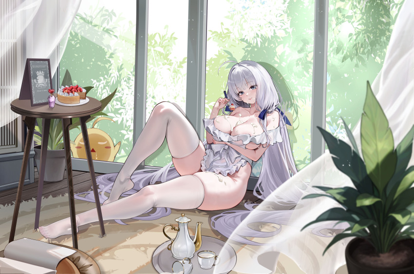 1girl absurdres ahoge apron arm_under_breasts azur_lane bare_shoulders blush breasts cleavage closed_mouth commission cup food food_on_body fork frilled_straps fruit_tart glass_door highres holding holding_fork illustrious_(azur_lane) illustrious_(sweet_afternoon_teatime)_(azur_lane) indoors knee_up large_breasts long_hair looking_at_viewer low_twintails manjuu_(azur_lane) naked_apron off_shoulder official_alternate_costume plant potted_plant round_table sexually_suggestive skindentation sliding_doors smile solo spilled_milk strawberry_tart table tart_(food) teacup teapot thick_thighs thighhighs thighs tray triangle_mouth twintails very_long_hair white_apron white_hair white_thighhighs wooden_table yoyoleaf