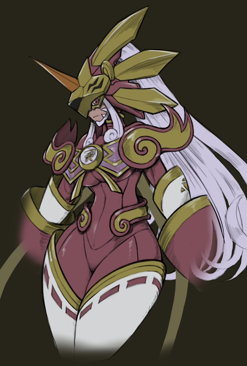1girl amaterasumon black_background bodysuit breasts colored_skin digimon digimon_(creature) grey_hair highres horns lion_head_(ornament) long_hair mas_square red_bodysuit red_eyes red_skin single_horn solo thighs
