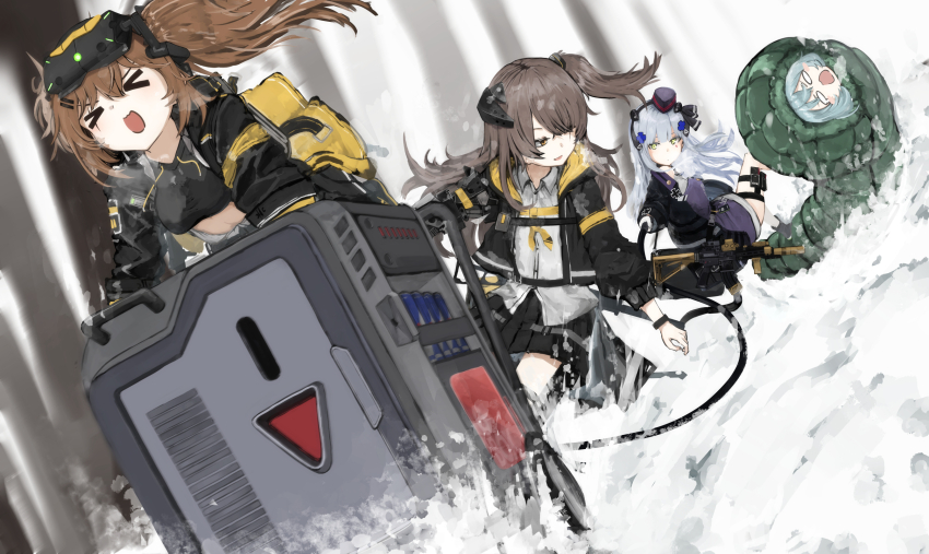 &gt;_&lt; 404_(girls&#039;_frontline) 4girls :d assault_rifle backpack bag black_jacket black_skirt brown_hair commentary_request cross dragging energy_drink g11_(girls&#039;_frontline) girls&#039;_frontline green_eyes grey_hair gun h&amp;k_hk416 hair_ornament hairclip head-mounted_display highres hk416_(girls&#039;_frontline) hk416_(mod3)_(girls&#039;_frontline) hood hood_down hooded_jacket iron_cross jacket minifridge multiple_girls one_side_up open_mouth pleated_skirt red_bull riding rifle rope scar scar_across_eye scar_on_face skirt sleeping_bag smile snow solid_eyes thigh_strap tree twintails ump45_(girls&#039;_frontline) ump45_(mod3)_(girls&#039;_frontline) ump9_(girls&#039;_frontline) ump9_(mod3)_(girls&#039;_frontline) weapon winter xd zafuri_(yzrnegy)