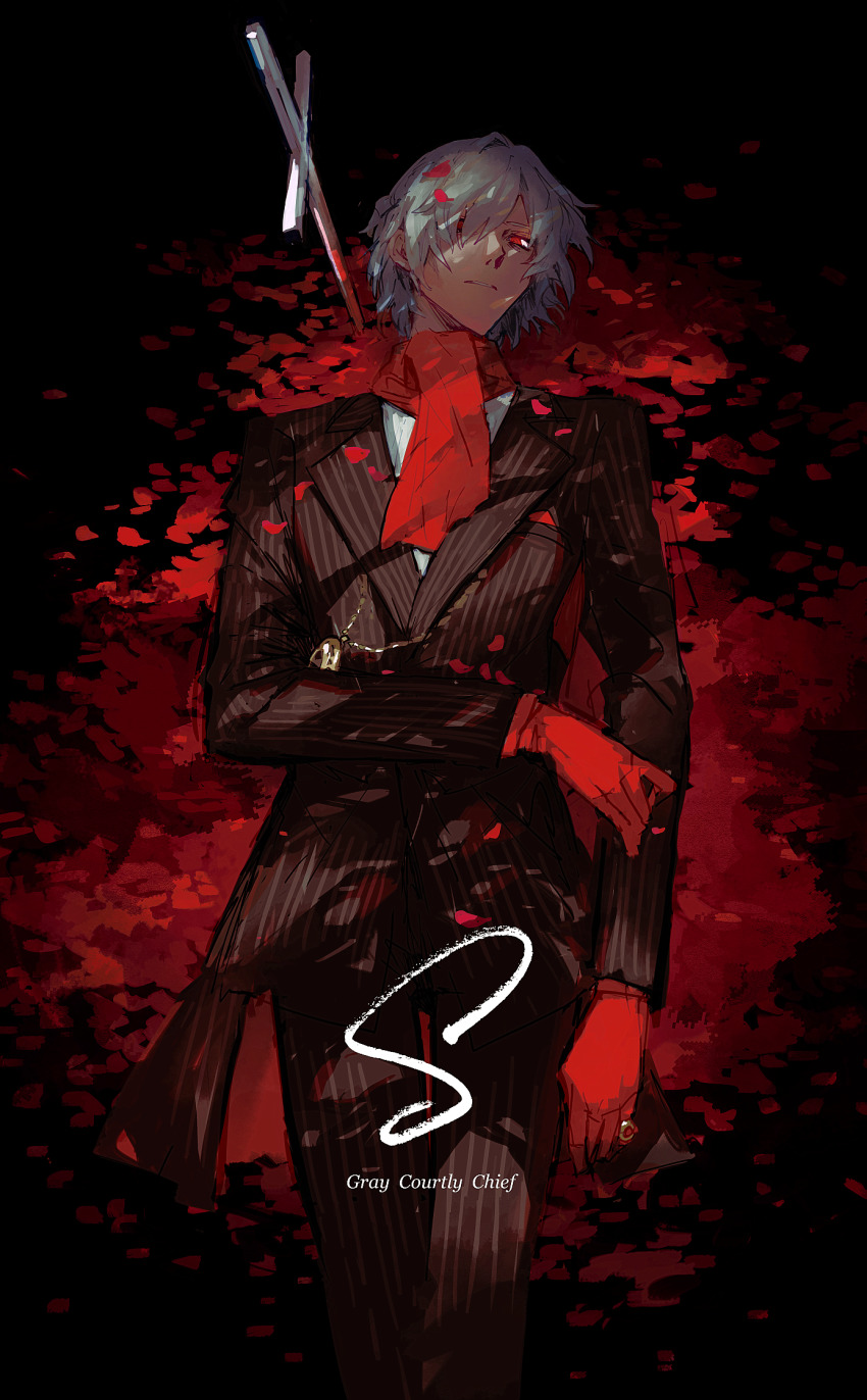 1boy antonio_salieri_(fate) antonio_salieri_(second_ascension)_(fate) cross domu_(hamadura) english_text fate/grand_order fate_(series) formal_clothes gloves grey_hair hair_between_eyes hair_over_one_eye highres jewelry light long_sleeves looking_at_viewer male_focus petals pinstripe_pattern pinstripe_suit red_eyes red_gloves ring rose_petals scarf sketch solo striped suit