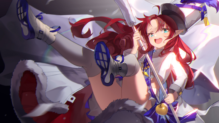 1girl apple aqua_eyes arknights chinese_commentary chromatic_aberration commentary_request crop_top cropped_shirt ear_piercing flag food fruit full_body grey_thighhighs hat highres holding holding_flag long_hair long_sleeves looking_at_viewer myrtle_(arknights) myrtle_(light_gold_celebration)_(arknights) official_alternate_costume open_mouth peaked_cap piercing pointy_ears purple_sash red_hair round_teeth sash shako_cap shirt shoe_soles shoes shoulder_sash solo teeth thighhighs upper_teeth_only white_flag white_hat white_shirt white_shoes yiyu_wusheng
