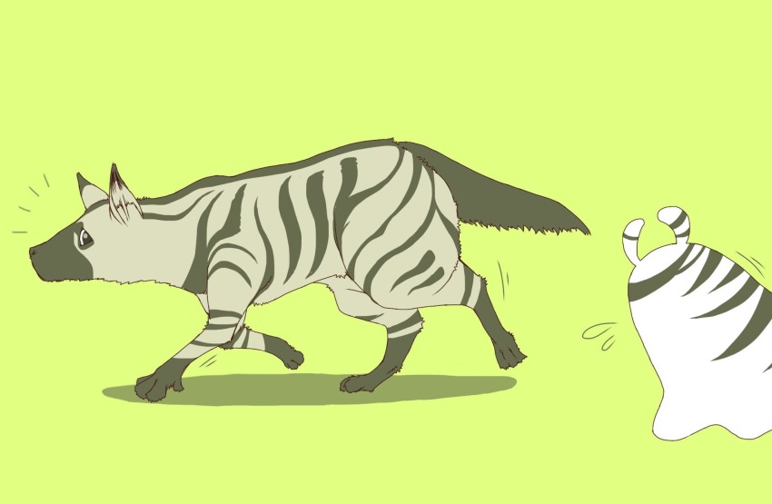 aardwolf aardwolf_(kemono_friends) animalization flying_sweatdrops highres kemono_friends no_humans plains_zebra_(kemono_friends) savanna_striped_giant_slug_(kemono_friends) simple_background slug tsuno_(ikkakusu) yellow_background
